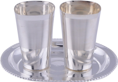GS Museum Square Met Finish Glass Set With oval Tray 3 Pcs. Pack of 3 Dinner Set(Silver Plated)