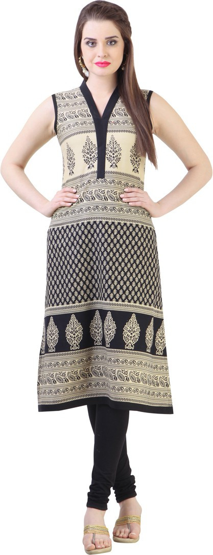 Libas Printed Womens Straight Kurta(Beige, Black)