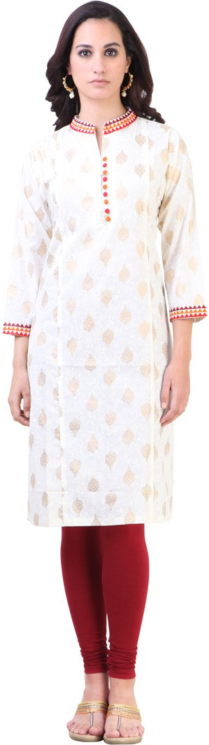 Libas Printed Womens Straight Kurta(White)
