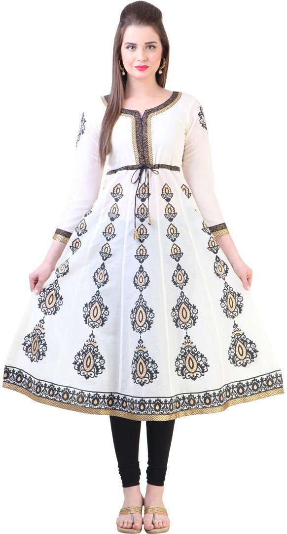 Libas Printed Womens Anarkali Kurta(White)