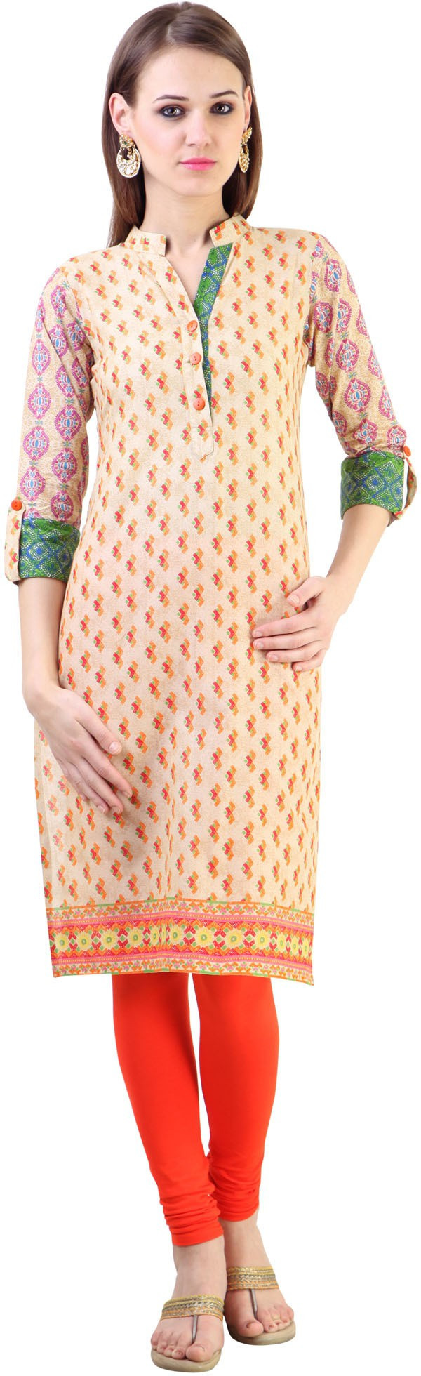 Libas Printed Womens Straight Kurta(Beige, Orange)