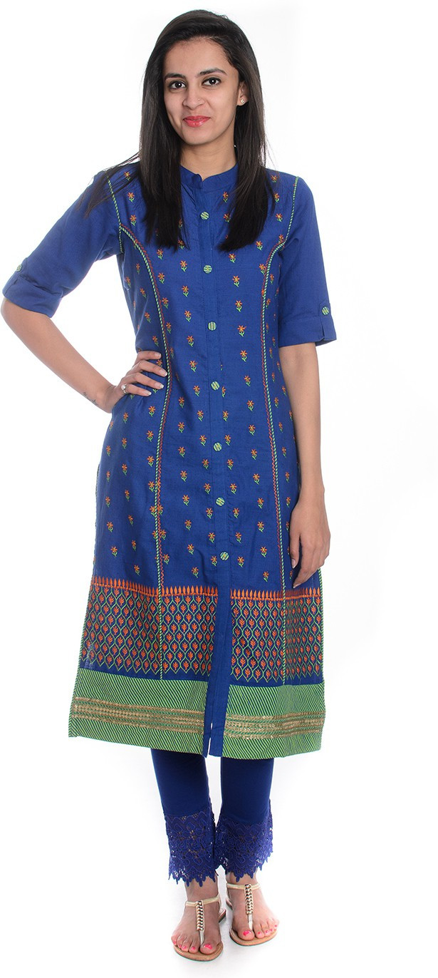 Geroo Embroidered Womens A-line Kurta(Dark Blue)