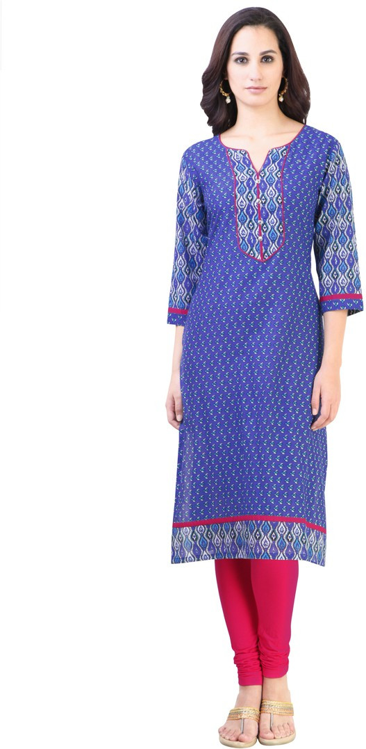 Libas Printed Womens Straight Kurta(Blue)