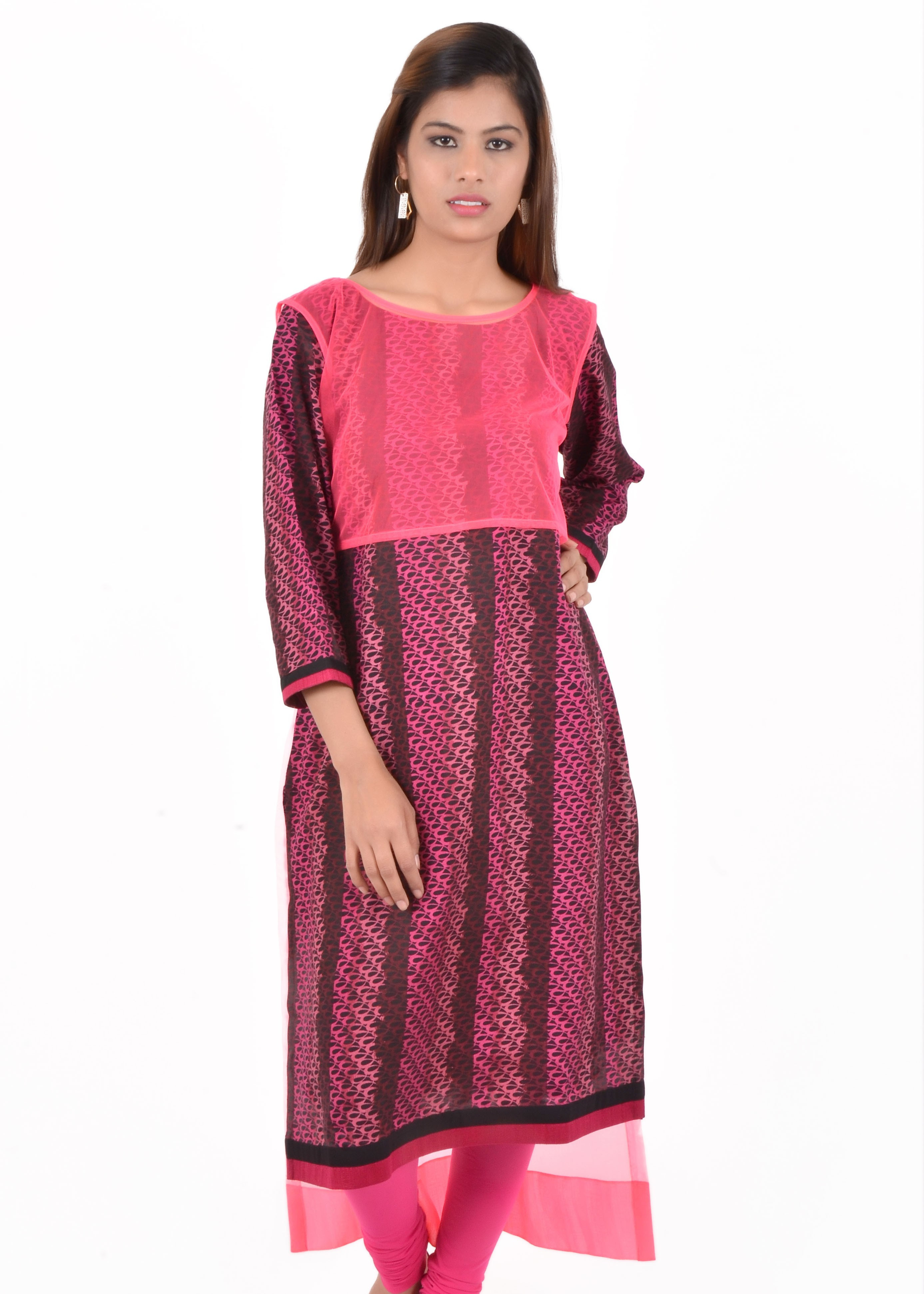 Indibelle Printed Womens Straight Kurta(Pink, Black)