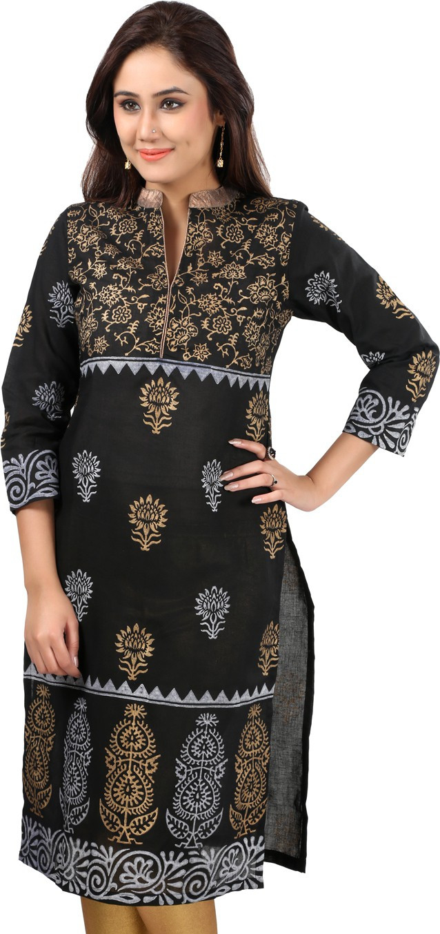 Sohniye Printed Womens Straight Kurta(Black)