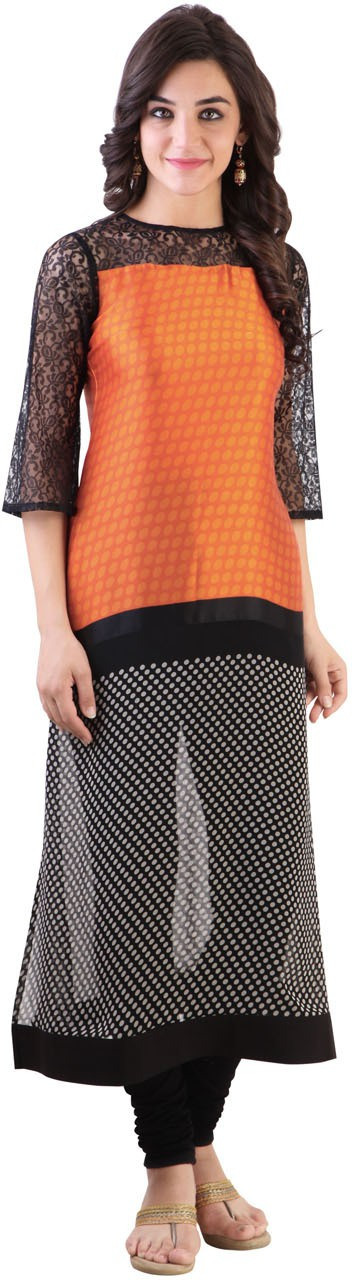 Libas Polka Print Womens Straight Kurta(Black, Orange)