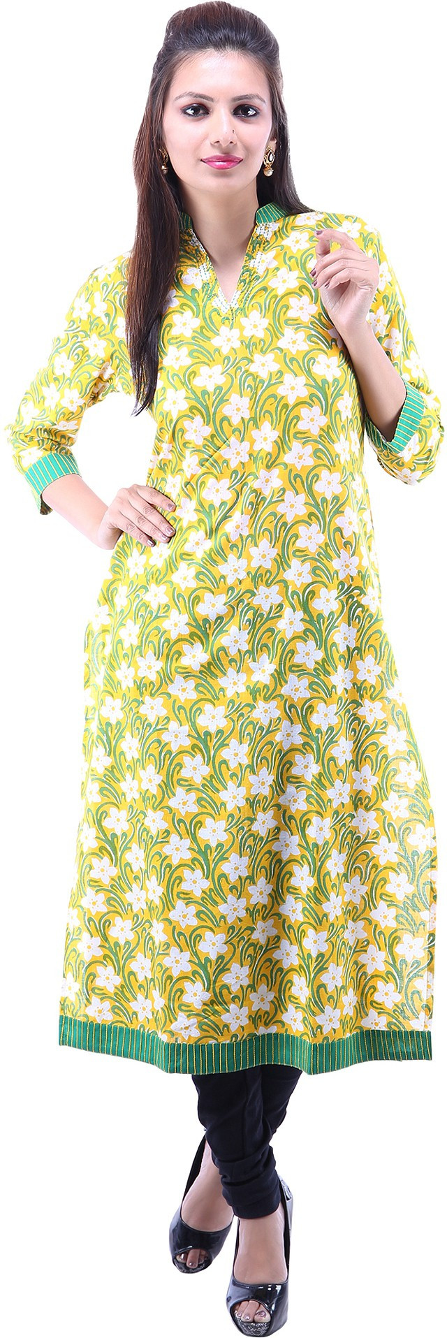 Suruchi Floral Print Womens Straight Kurta(Yellow, Green)