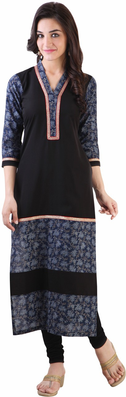 Libas Printed Womens Straight Kurta(Black, Blue)