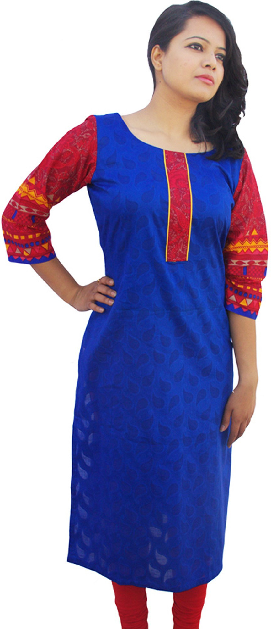 Rolling Ink Self Design Womens Straight Kurta(Blue)