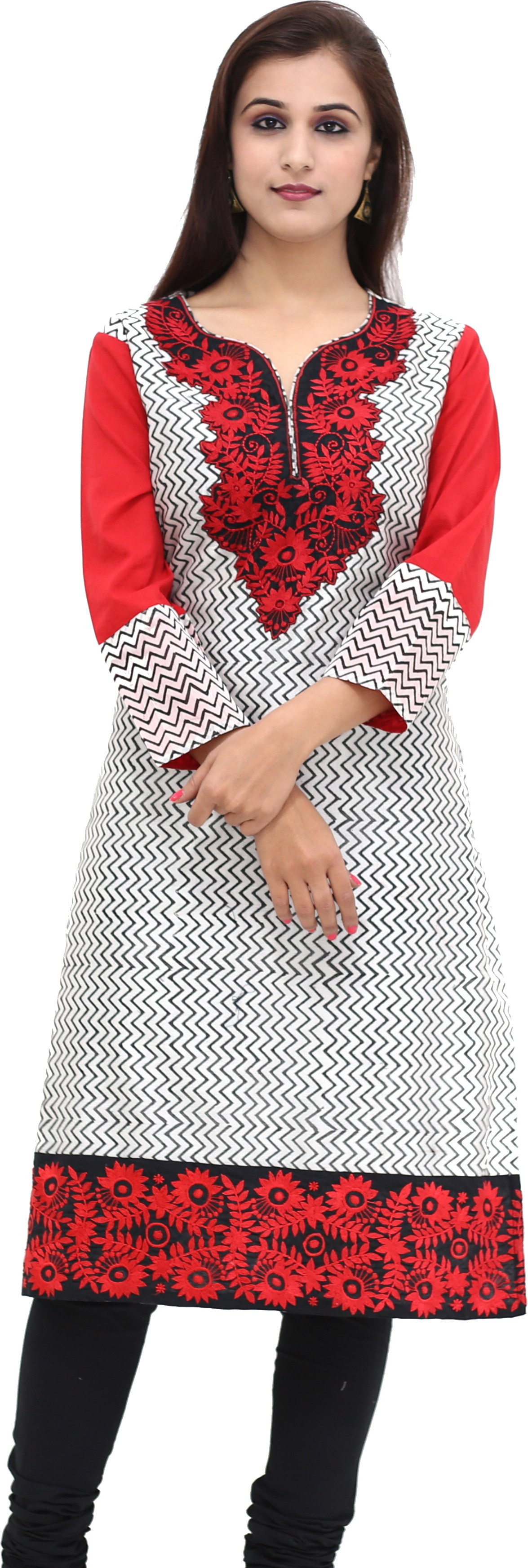 Missprint Embroidered Womens Straight Kurta(Red, White)