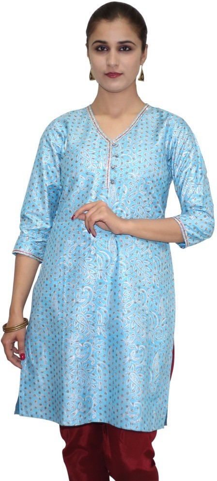 Missprint Printed Womens Straight Kurta(Blue)
