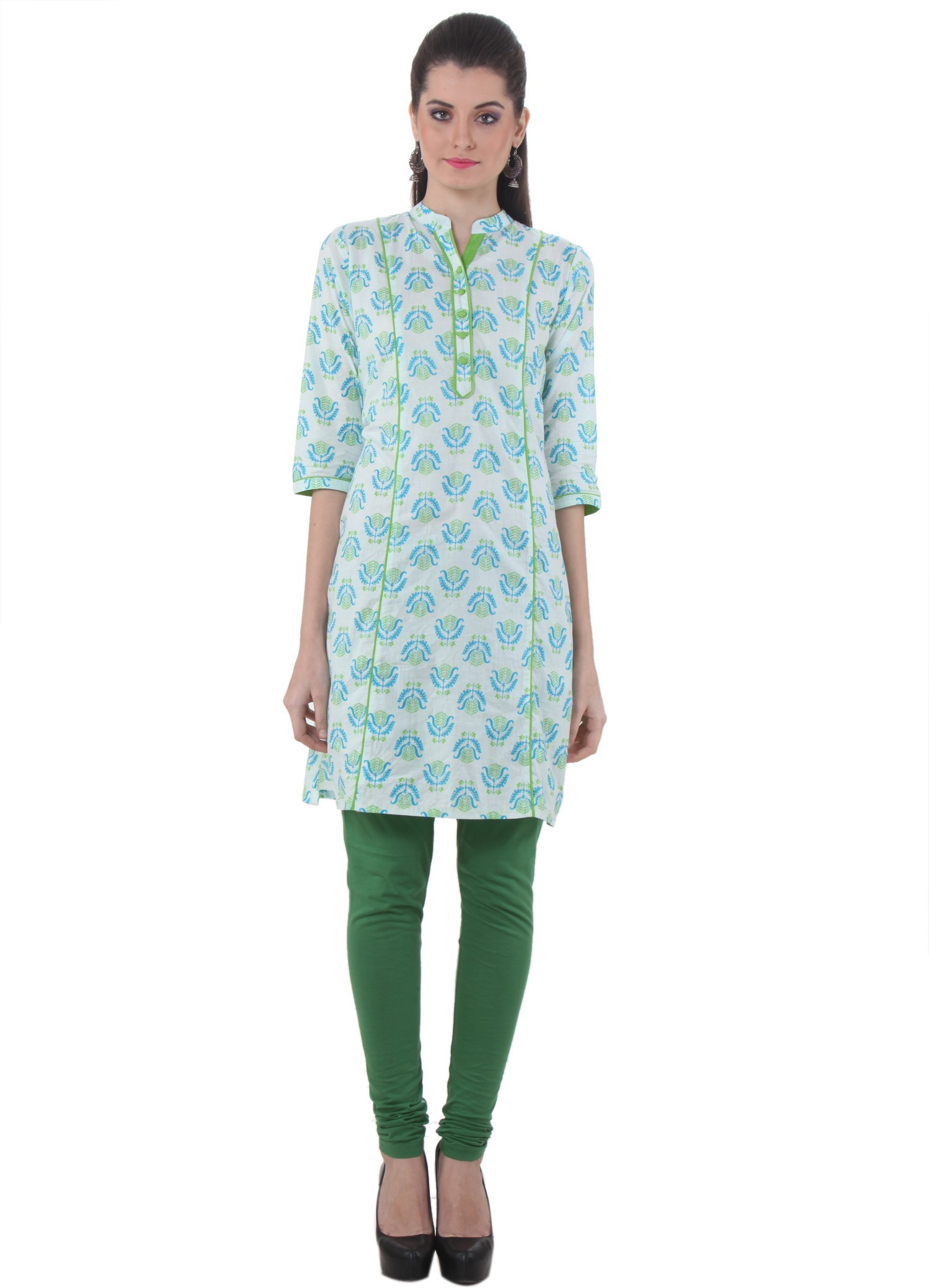 Piaa Printed Womens Straight Kurta(Green, White)