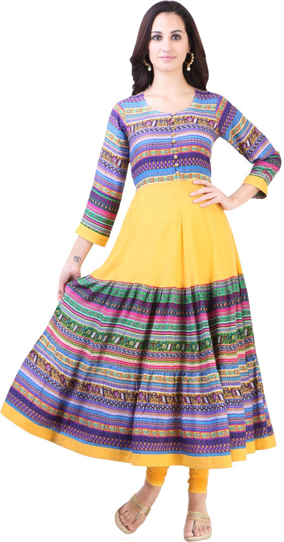 Libas Printed Womens Anarkali Kurta(Yellow)