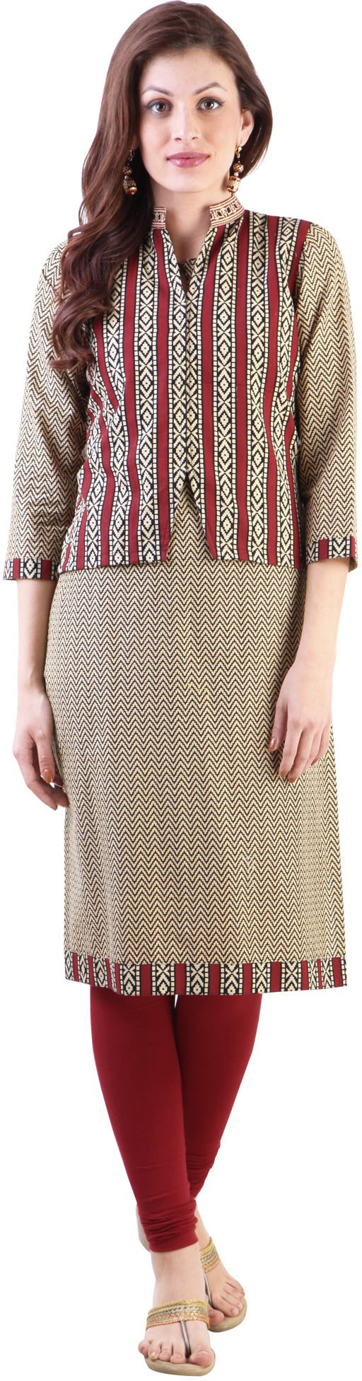 Libas Chevron Womens Straight Kurta(Beige)