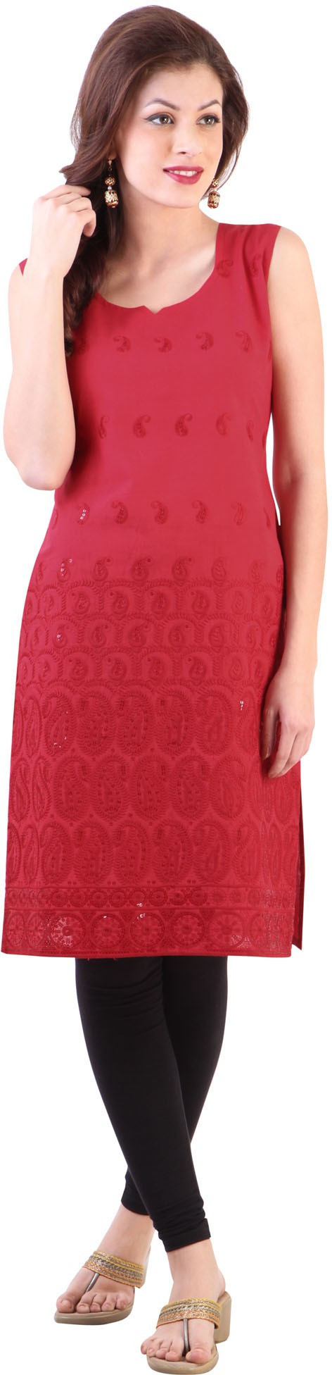 Libas Embroidered Womens Straight Kurta(Red)