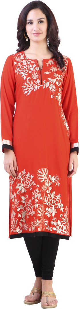Libas Printed Womens Straight Kurta(Orange)