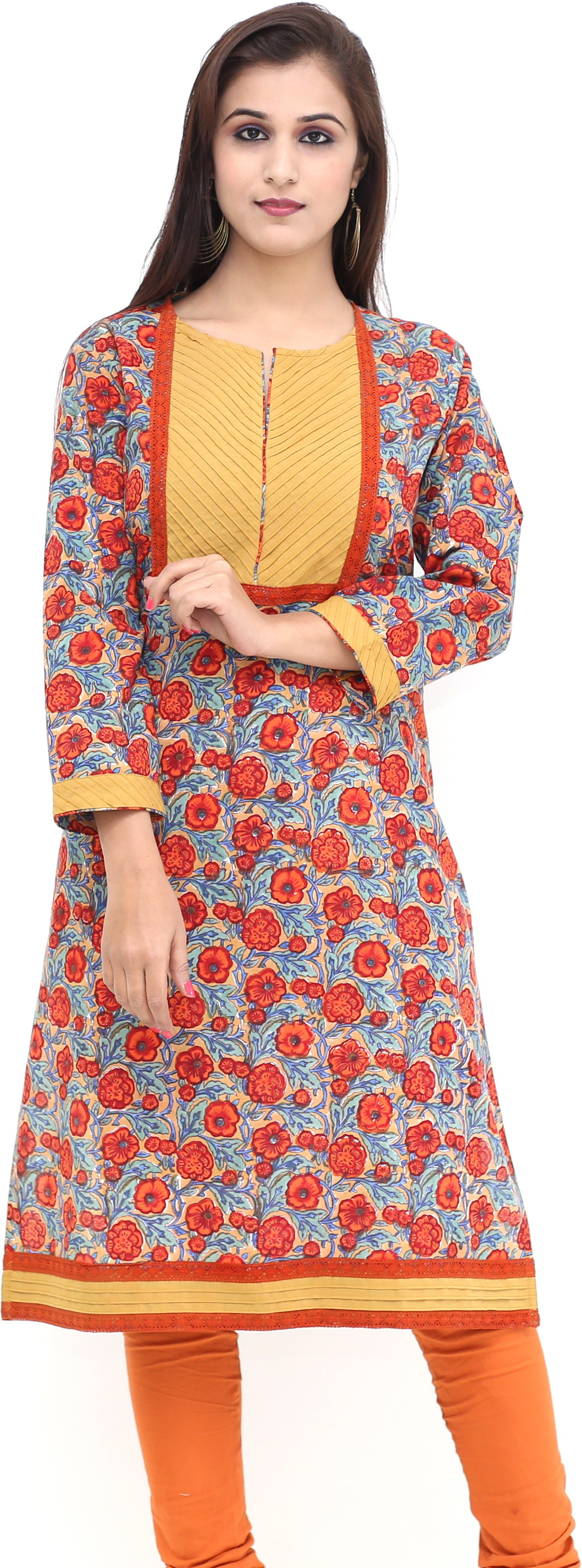 Missprint Printed Womens Straight Kurta(Orange, Brown)