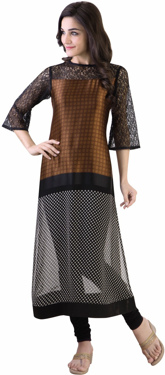 Libas Polka Print Womens Straight Kurta(Brown, Black)