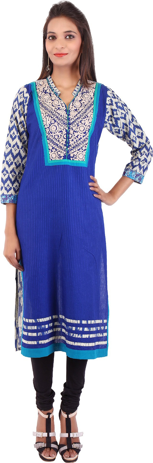 Pregan Printed Womens Straight Kurta(Blue)