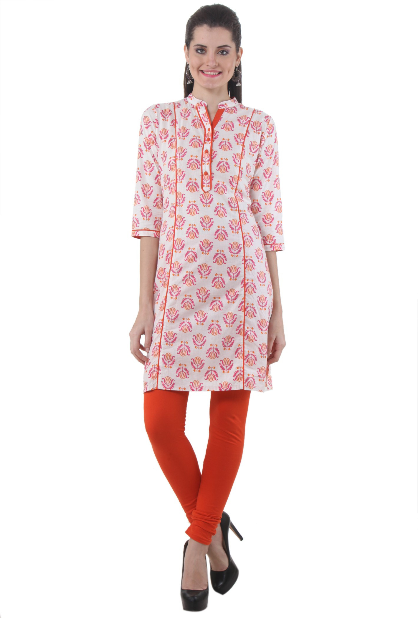Piaa Printed Womens Straight Kurta(Orange, White)