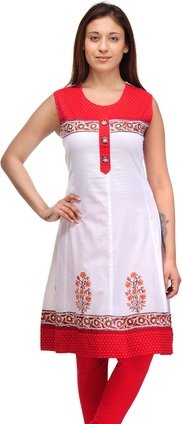 Belle Casual Solid Womens Kurti(Red, White)