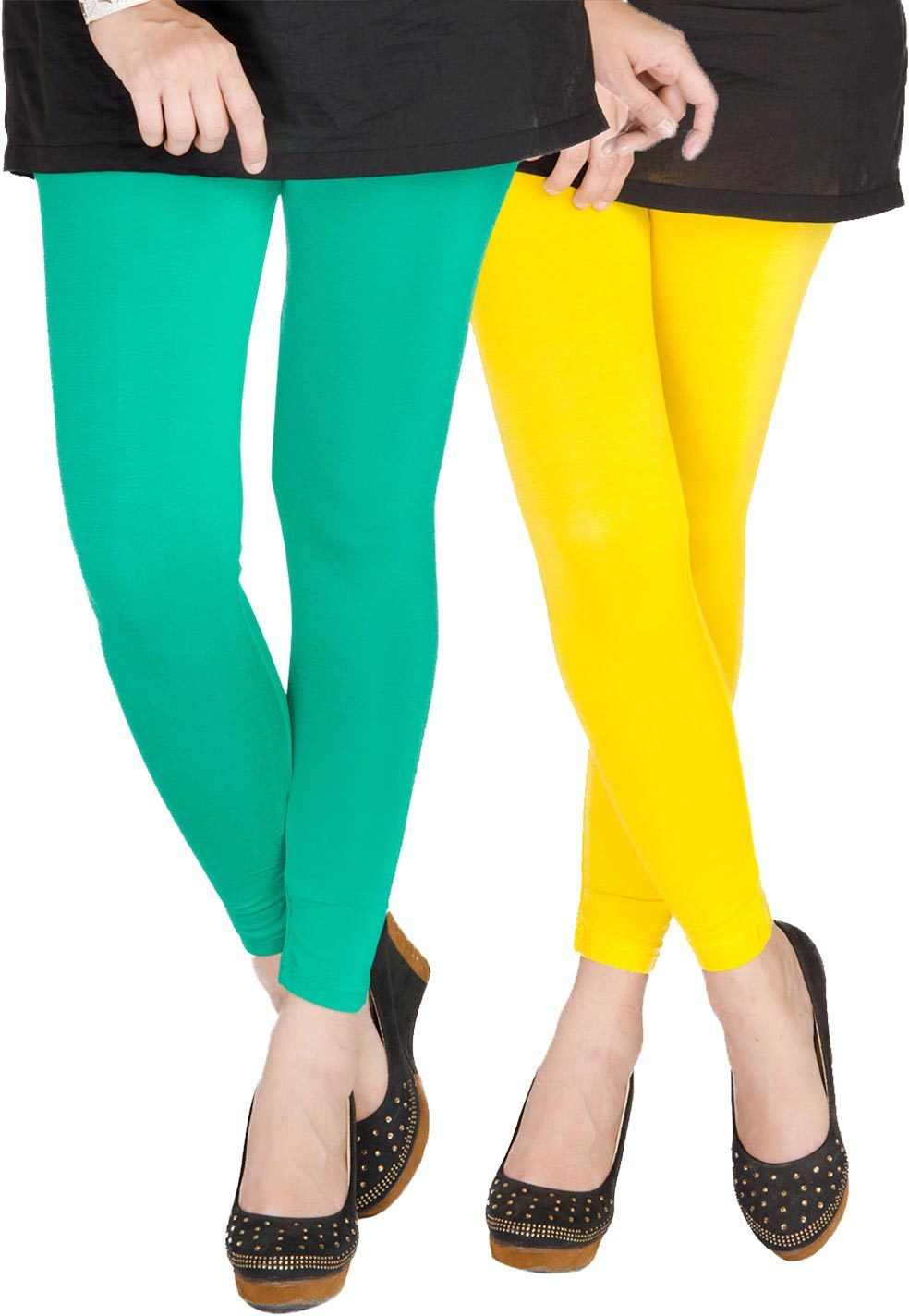 Medoo Womens Green, Yellow Leggings(Pack of 2)