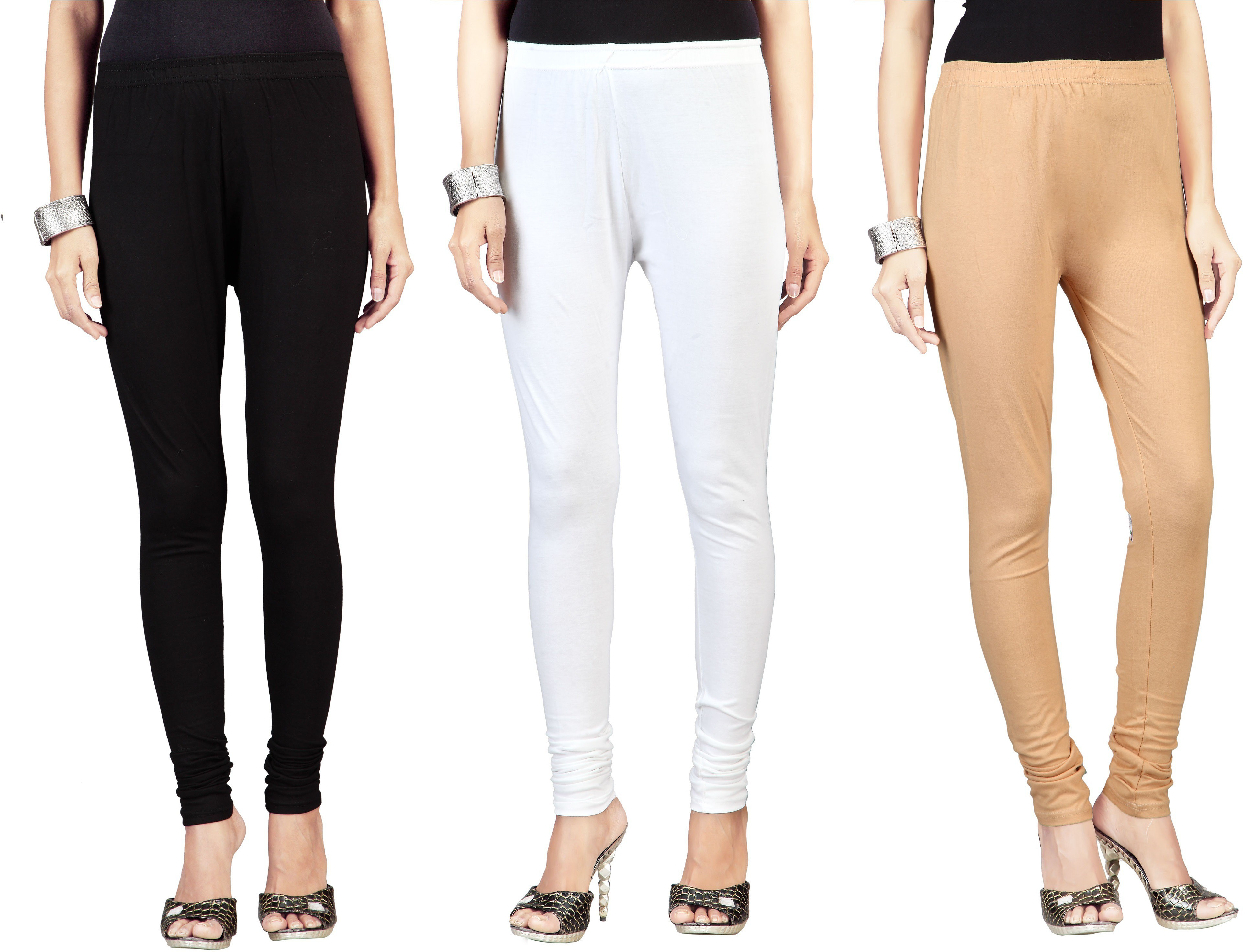 Ambrai Womens Black, White, Beige Leggings(Pack of 3)