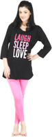 Nite Flite Laugh Sleep Love Women's Printed Black, Pink Top & Pyjama Set
