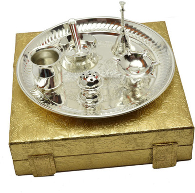 Adiidev Silver Plated Laxmi Ganesh Diwali Pooja Thali Set Brass Pooja & Thali Set(7 Pieces, Silver)