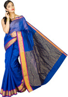 Pavechas Solid Banarasi Cotton, Silk Saree(Blue)