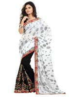 Majestic Silk Self Design Fashion Brasso Saree(Black, White)