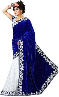 Anugrah Textile Embroidered Bollywood Georgette, Velvet, Chiffon, Net Saree(Blue)
