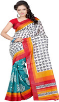 Majestic Silk Printed Bhagalpuri Silk Saree(White, Blue)