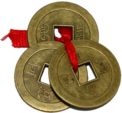 7 Ocean Feng Shui Chinese Lucky 3 Coins tied in Red Ribbon - 1 set Showpiece - 2 cm(Copper, Copper)