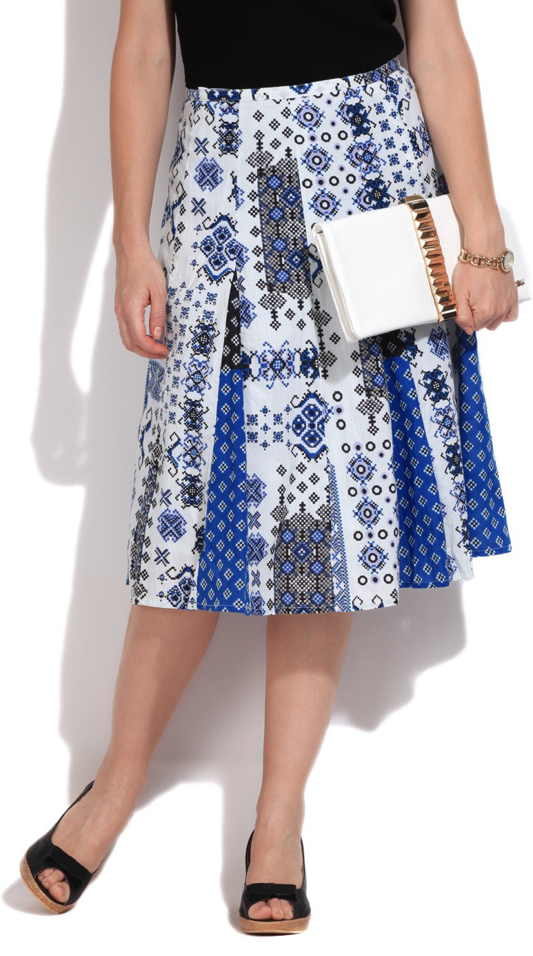Rain & Rainbow Printed Womens A-line White, Blue Skirt