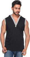 Demokrazy Solid Men's Hooded Black T-Shirt