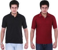 NGT Solid Men's Polo Neck Black, Maroon T-Shirt(Pack of 2)