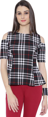 Chimpaaanzee Casual Short Sleeve Checkered Women White, Black Top
