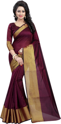 FabTag - Anugrah Solid Kanjivaram Cotton Blend Saree(Magenta)