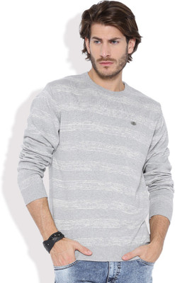 Roadster Self Design Round Neck Casual Men Grey Sweater