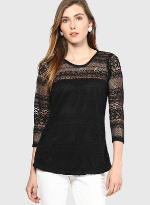 MAYRA Party 3/4 Sleeve Lace Women Black Top