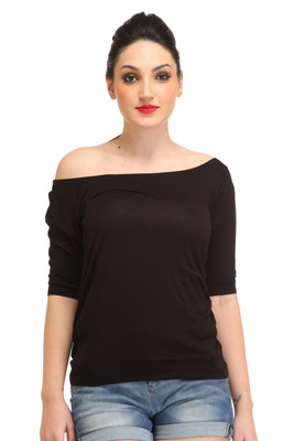 Cation Casual Half Sleeve Solid Women Black Top