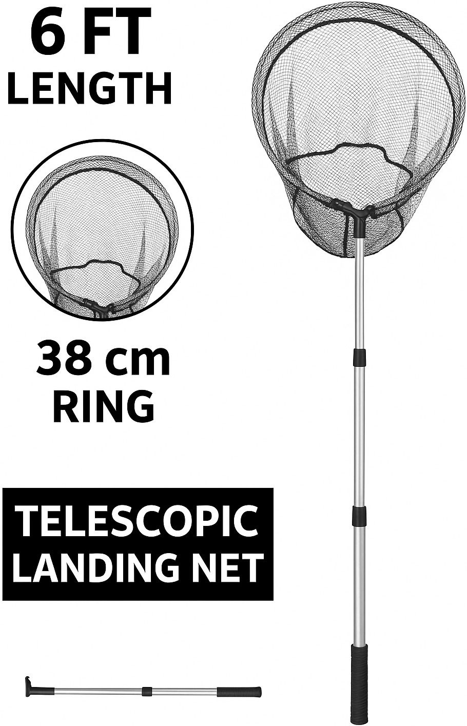 YASHNET 6ft Telescopic Aluminum Landing Net 38cm Ring Foldable Nylon Net 3 Section Fishing Net (Black) — photo 1