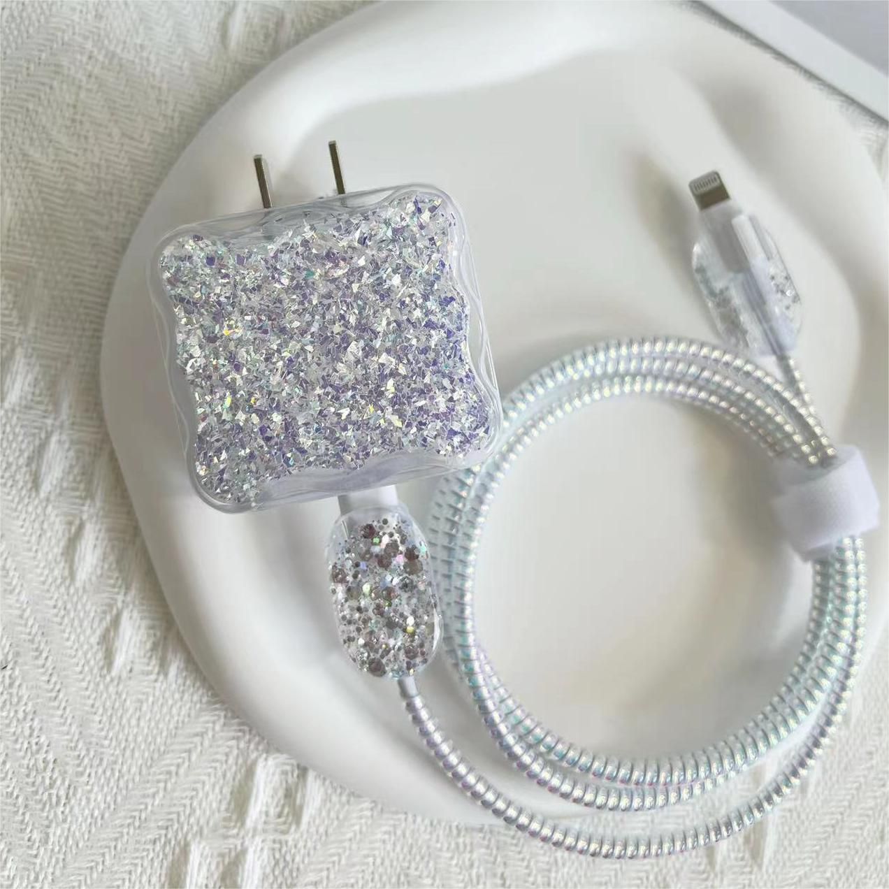 Micvir Charger Cover 18W-20W Charger, 3D Cartoon Design Silver Bow, Spiral Cable Protector (Grey)