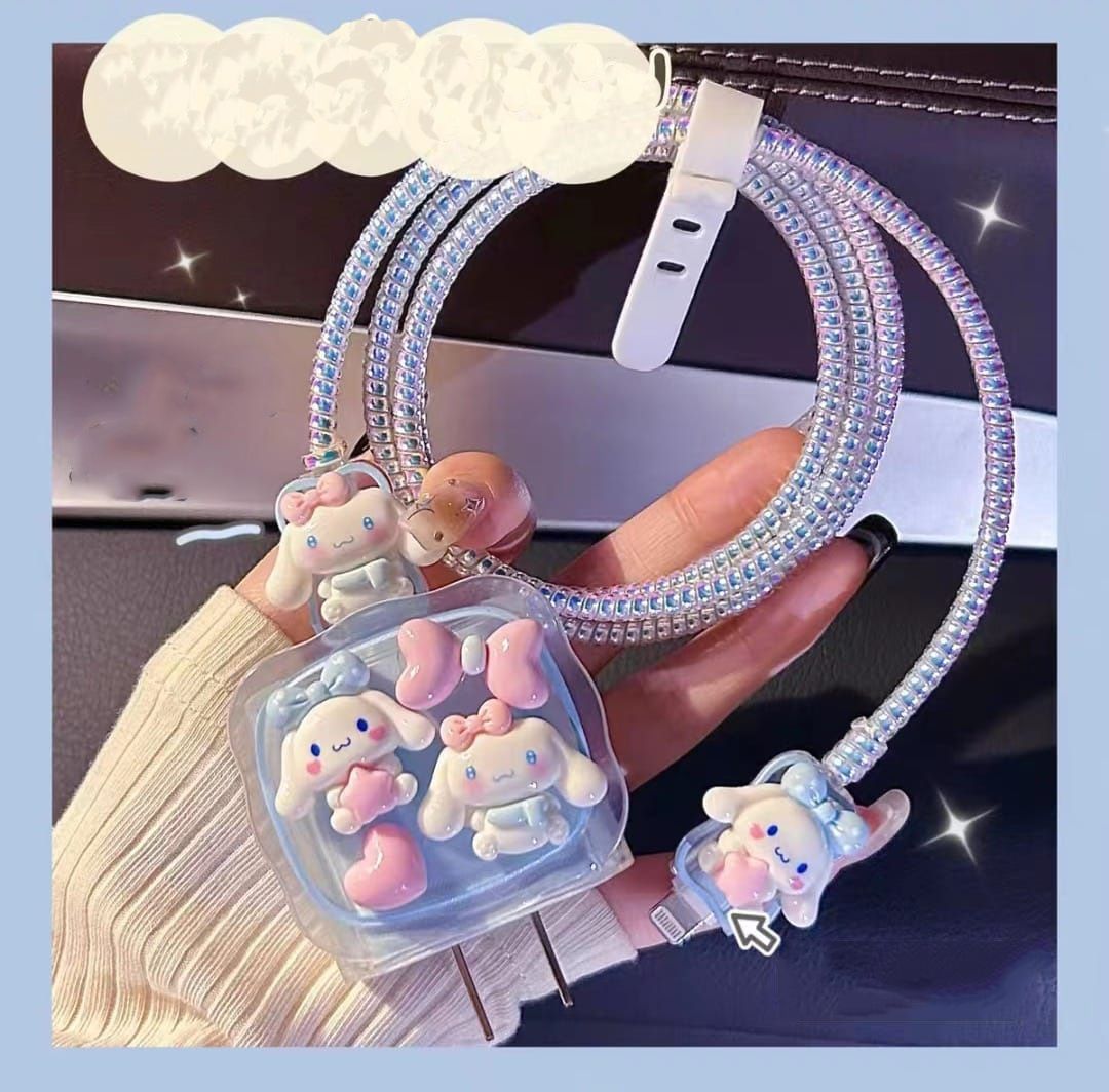Micvir Charger Cover 18W-20W Charger, 3D Cartoon Design Doll Pink, Spiral Cable Protector (Blue)