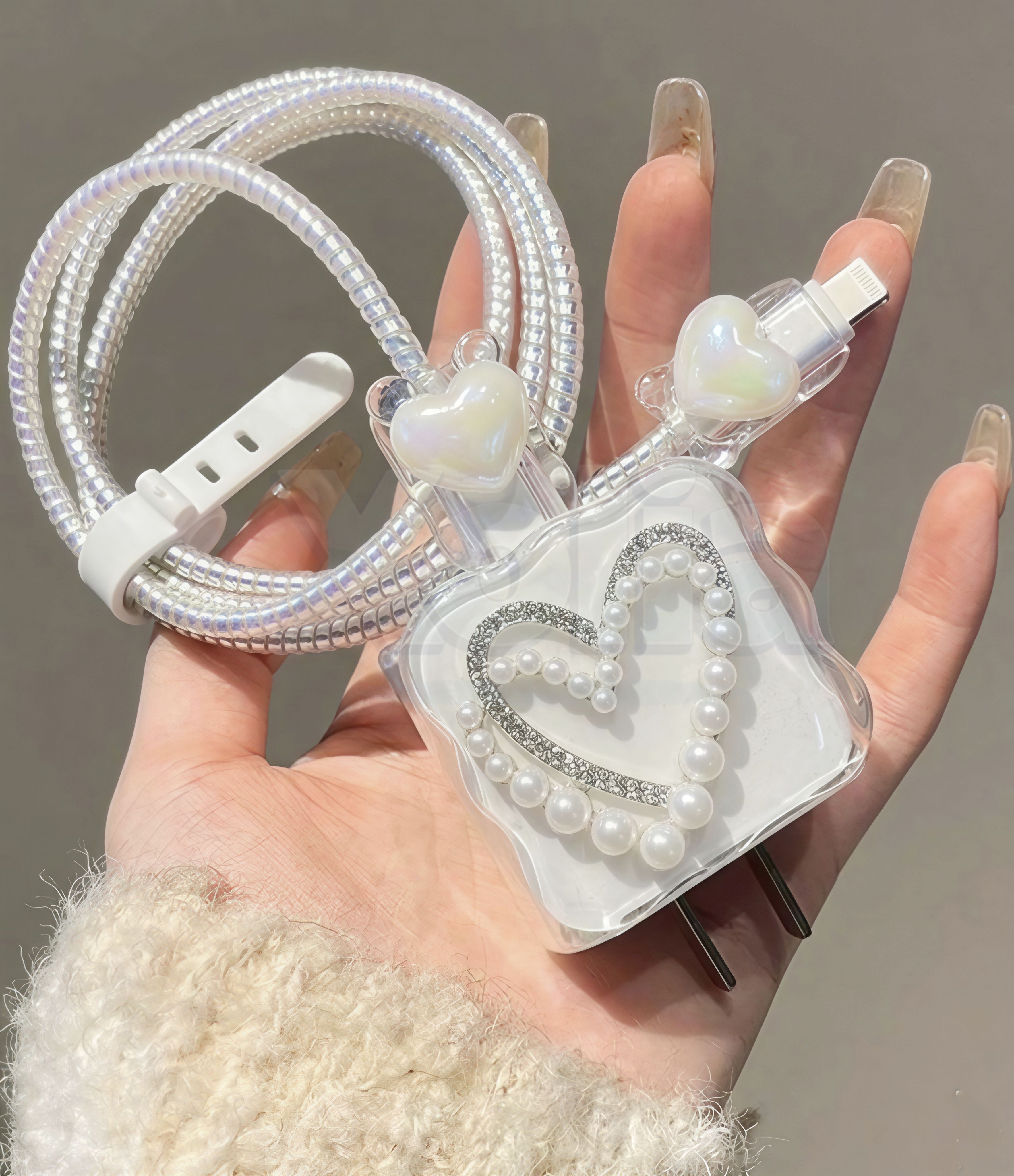 Xolia Charger Cover for 18W-20W Charger, 3D Cartoon Design Stone Heart, Spiral Cable Protector (White)