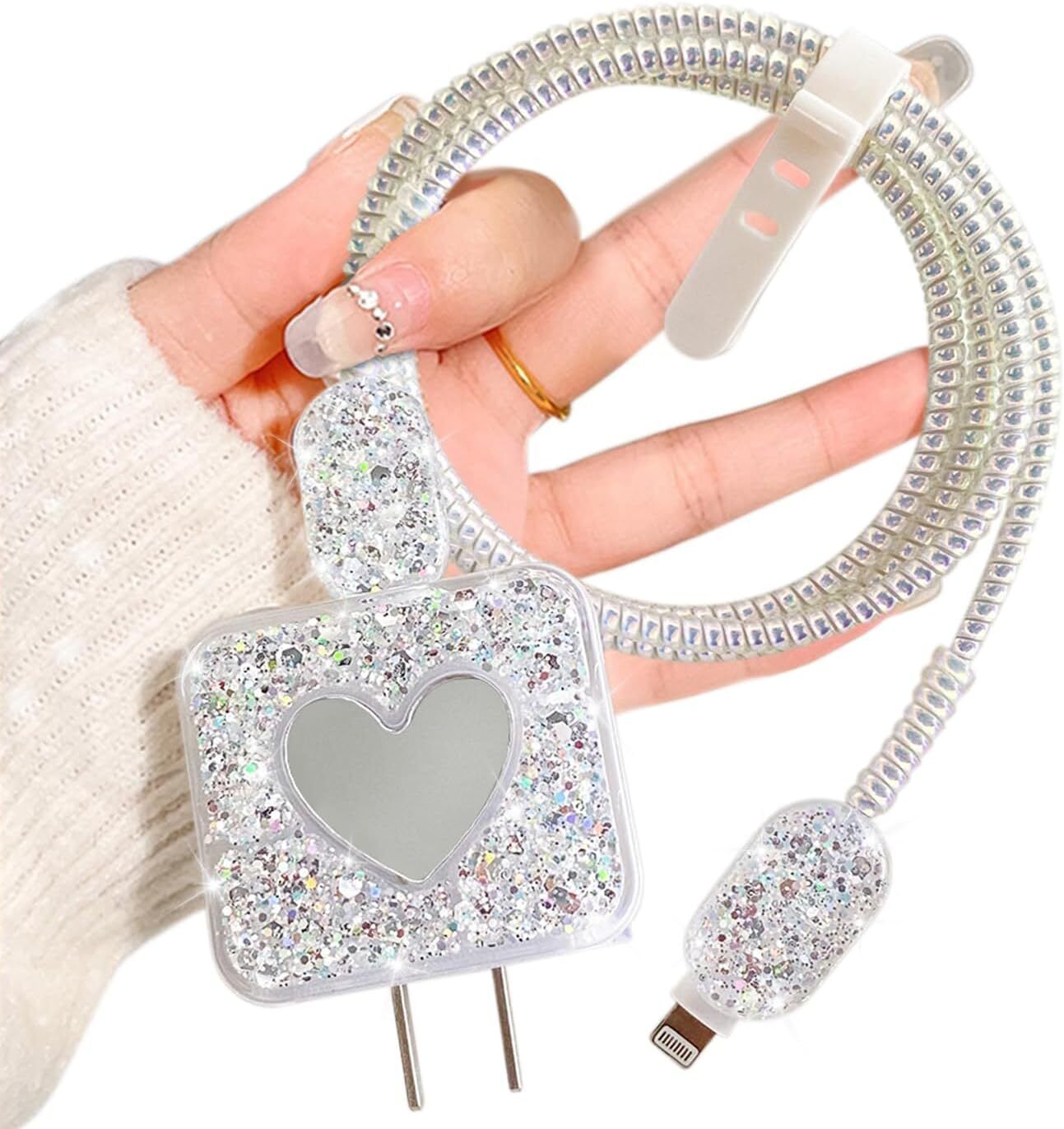 Micvir Charger Cover for iPhone 18W-20W Charger, 3D Cartoon Design Sparkle Heart,Spiral Cable Protector (Grey)