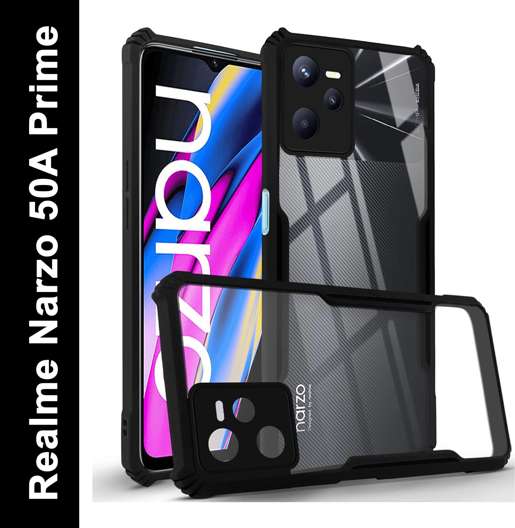 Micvir Back Cover for Realme Narzo 50A Prime (Transparent, Black, Shock Proof, Polycarbonate, Pack of: 1)
