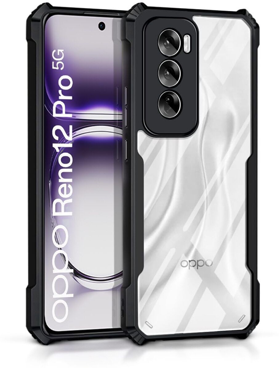 Micvir Back Cover for Oppo Reno 12 Pro 5G (Transparent, Black, Shock Proof, Polycarbonate, Pack of: 1)