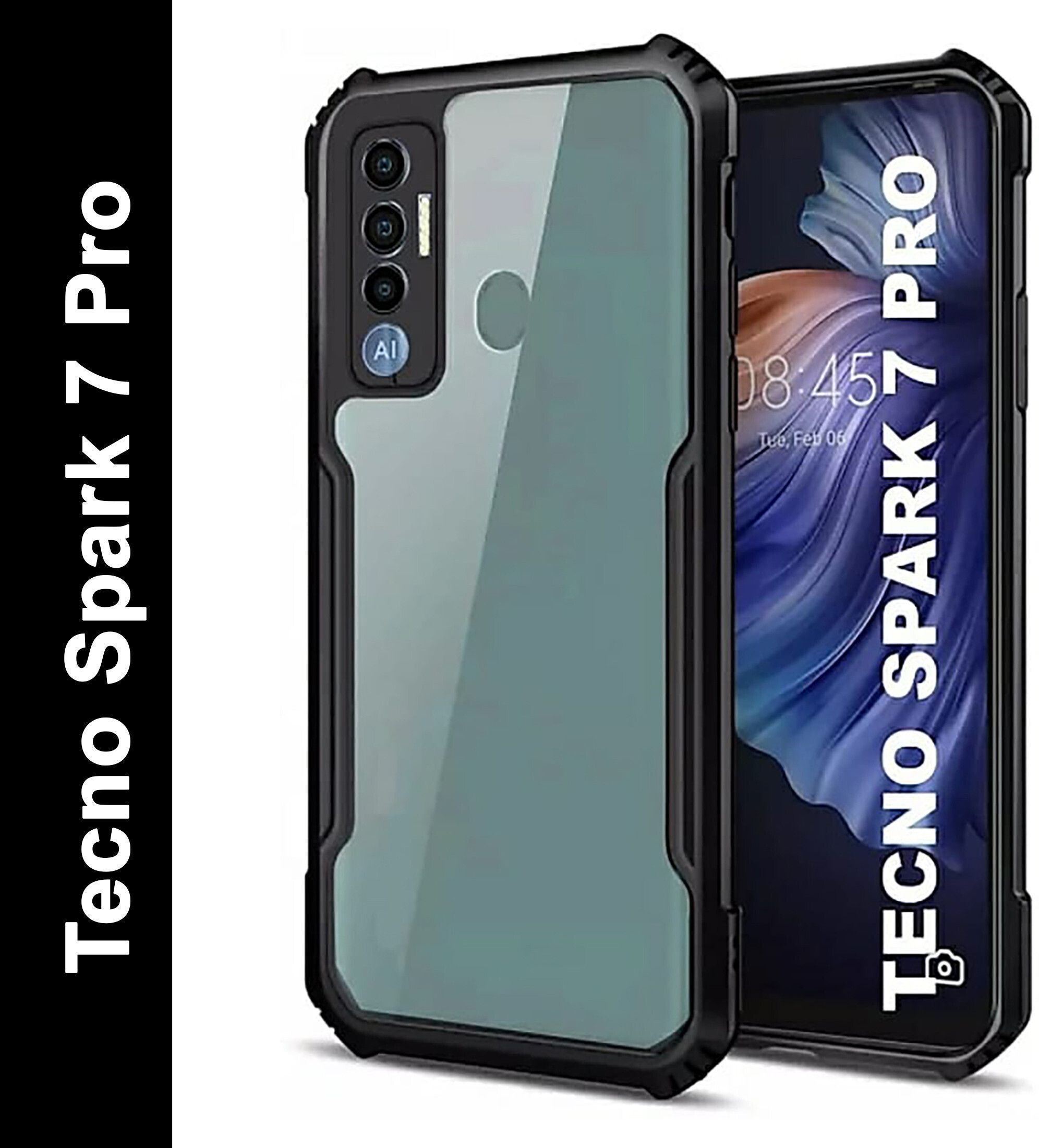 Micvir Back Cover for Tecno Spark 7 Pro (Transparent, Black, Shock Proof, Polycarbonate, Pack of: 1)